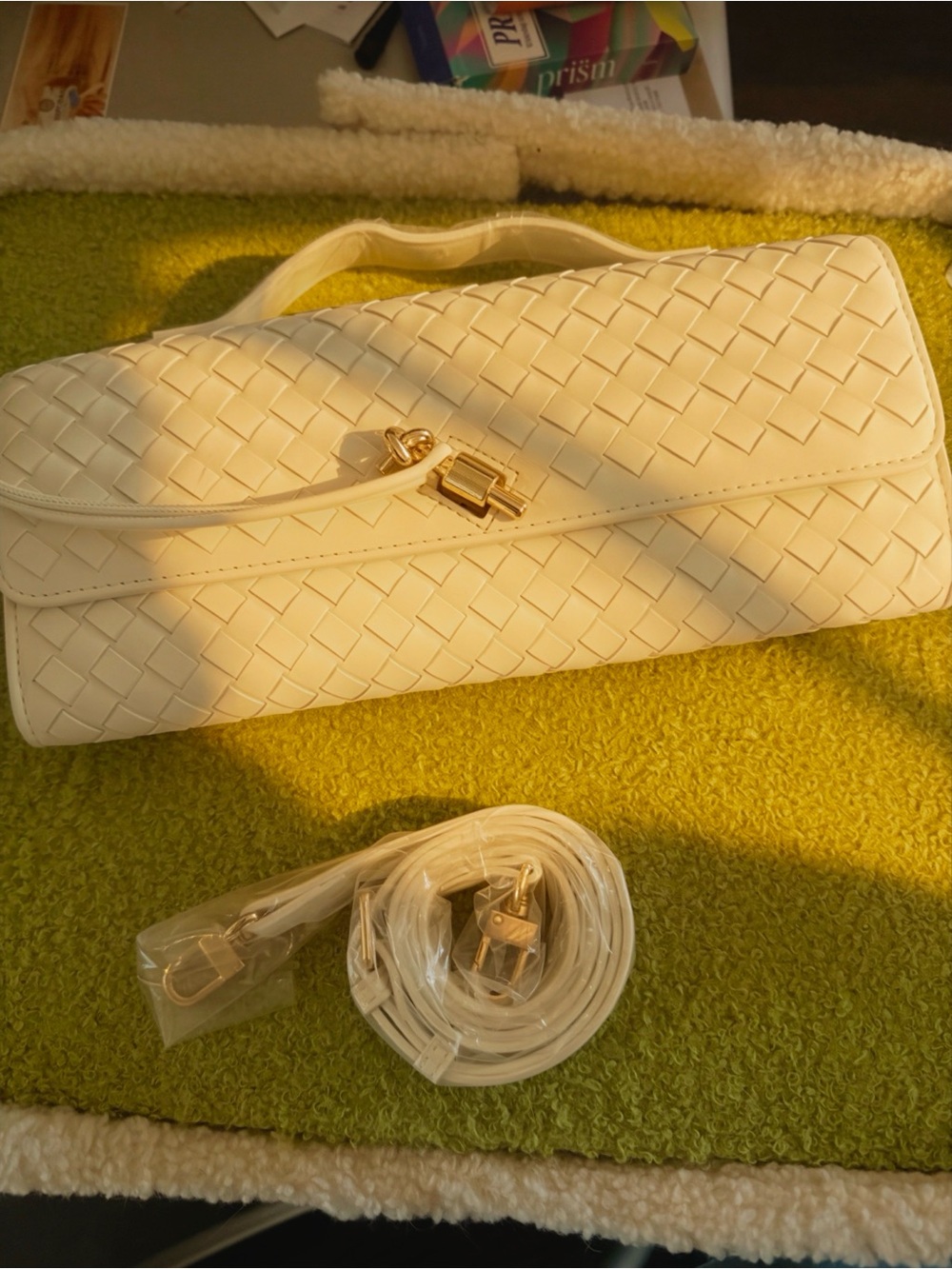Woven Leatherette Shoulder Bag in Cream with Gold Hardware